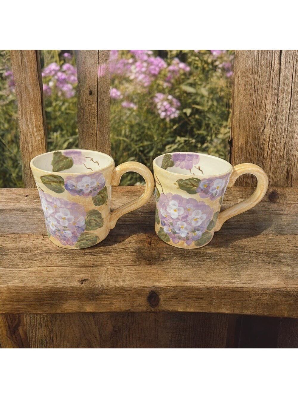 Hydrangea Ceramic Mugs Hand-Painted 16 Oz Purple Floral Cottage Farmhouse